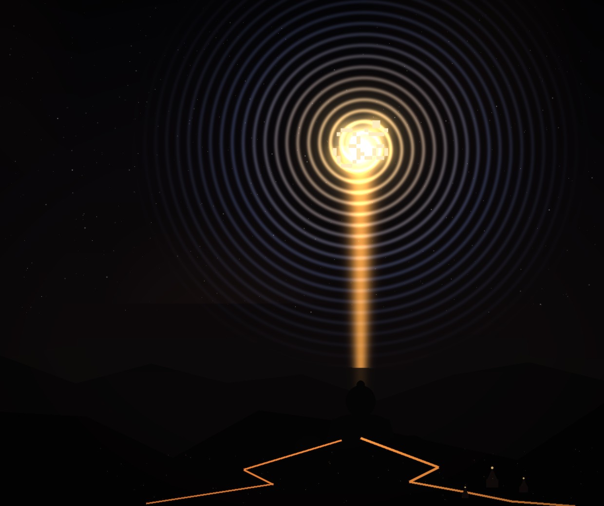 A silhouette of a meditating figure faces a glowing golden Om symbol at the heart of a spiral galaxy, with a warm lantern-lit valley below