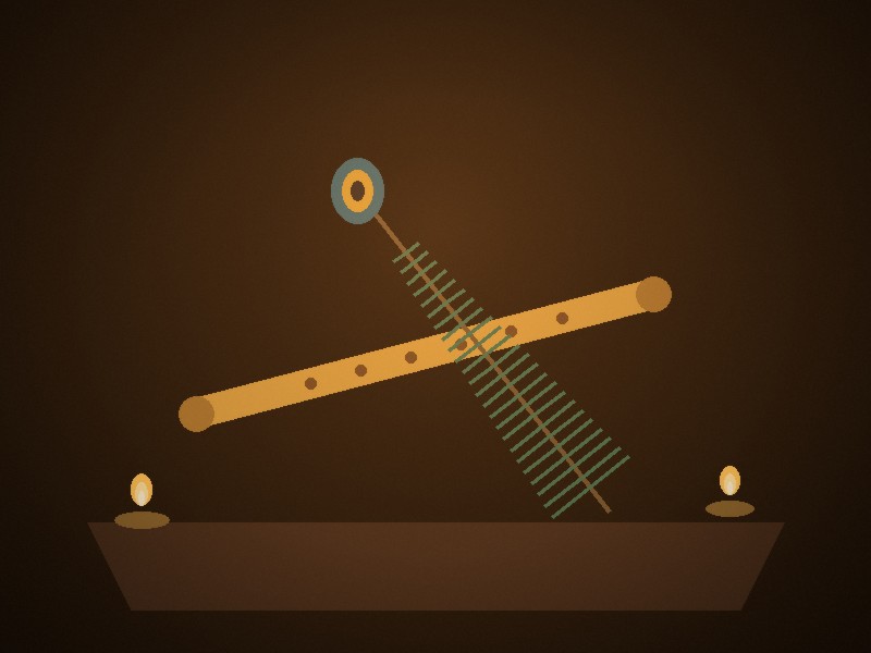 A flute and a glowing peacock feather in warm devotional light